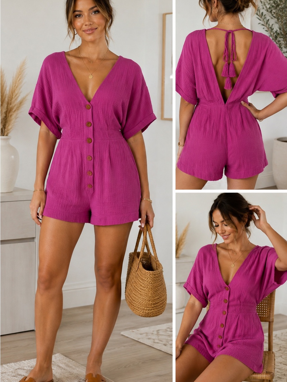 Seafolly Pink Gauze Button Front Open Back Romper XS